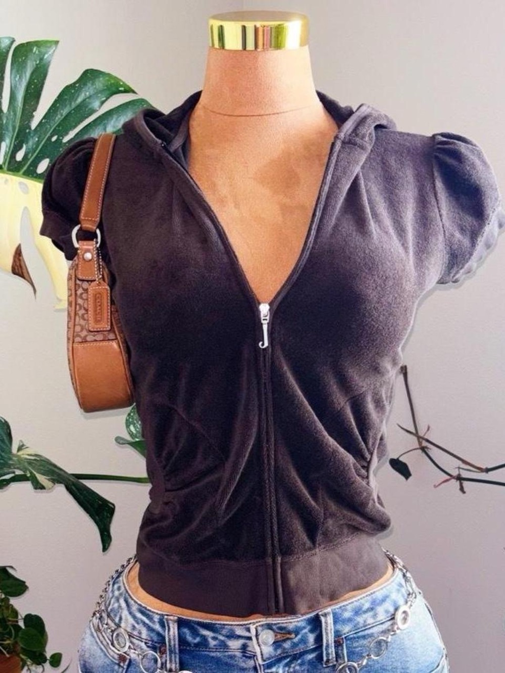 Juicy Couture Brown Terry Cloth Puff Sleeve Zip Up Hoodie Y2K Medium